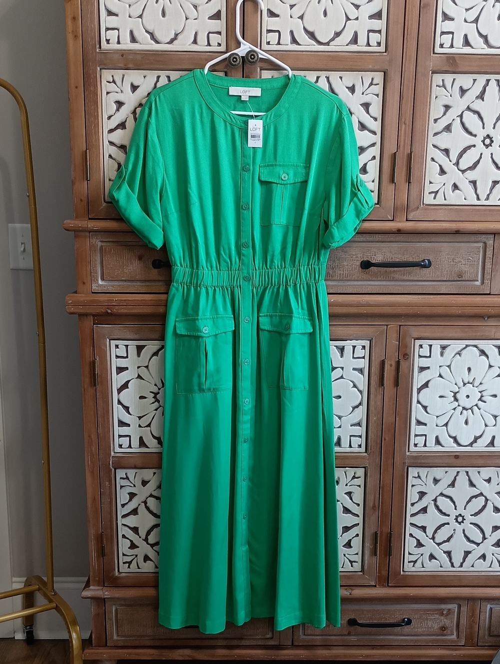 LOFT Green Button-Front Shirtdress